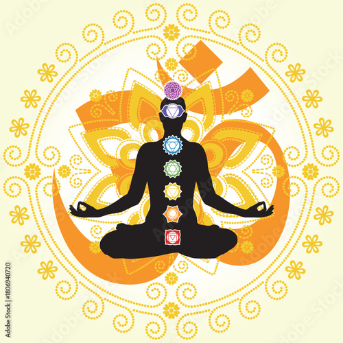 Yoga lotus pose with chakra symbols vector silhouette with lotus mandala background