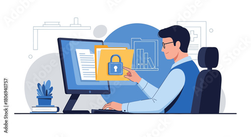 Data protection concept with a man working on a computer with secured document folders and a
