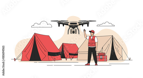 Drone assisted emergency response team conducting aerial survey at relief camp location
