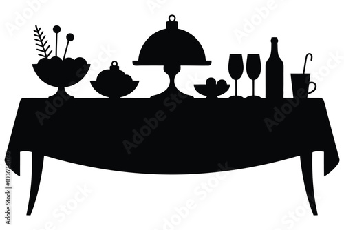 Festive Winter Dinner Table Vector Illustration – Elegant Christmas and New Year Celebration Feast Silhouette with Food, Drinks, and Decor, Holiday Party Dining Scene in Minimalist Style