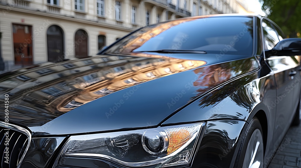 Fototapeta premium Sleek close-up of a freshly polished black car hood, capturing the crisp, clear reflection of a city building and the sky in its mirror finish.