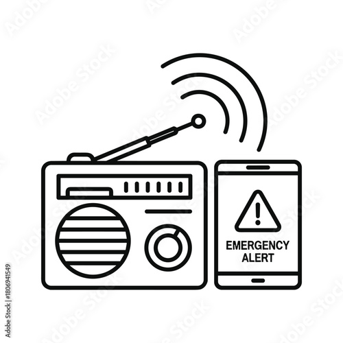 Emergency alert broadcast on radio and mobile phone icon line art.