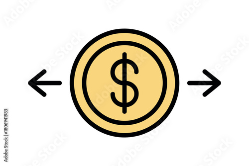 A dollar coin with arrows pointing in opposite directions symbolizes financial transactions and exchange.