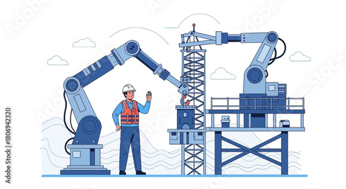 Factory worker overseeing robotic arms in an industrial production line environment scenario