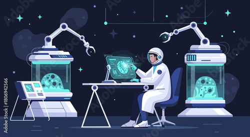 Future exploration astronaut interacting with digital interface in laboratory spaceship