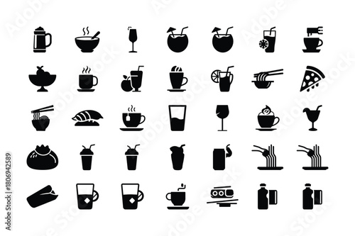 Food and drink icons black silhouette set