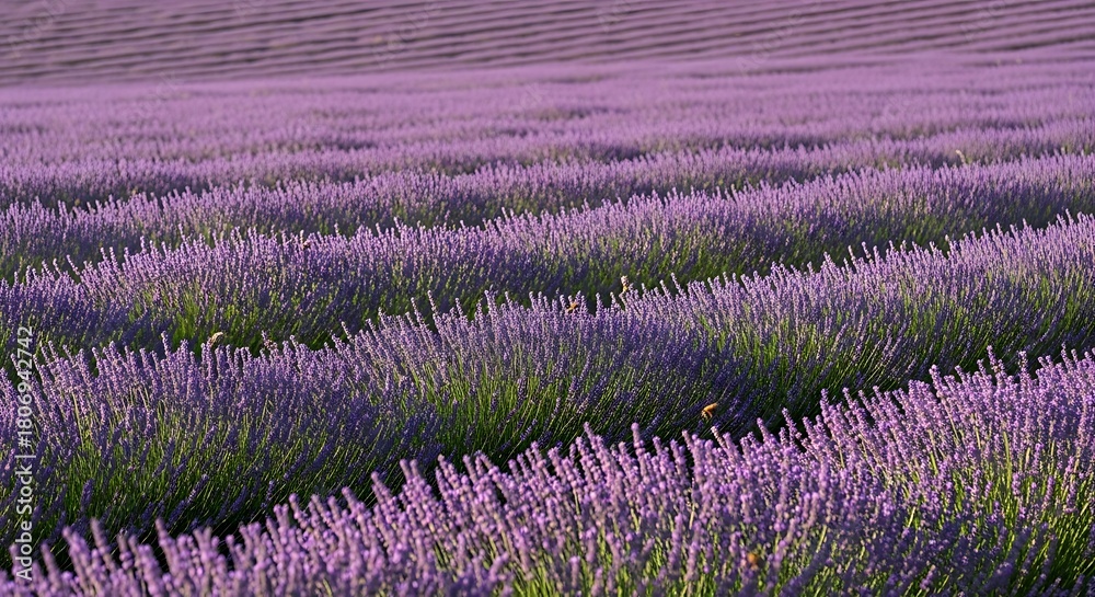 Naklejka premium Rows of blooming lavender under soft sunlight, creating a serene and picturesque natural landscape