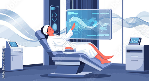 Future wellness technology showing woman receiving treatment in advanced futuristic facility