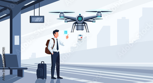Futuristic delivery system illustrated with a man using drone for package service with train