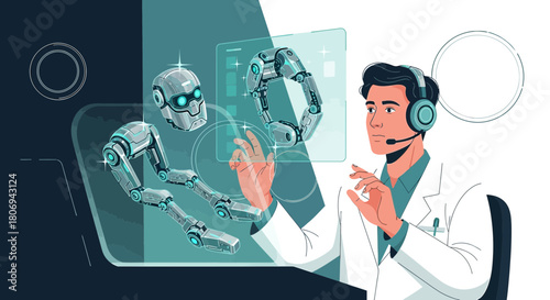 Futuristic engineer controls robotic parts with holographic interface in advanced technology