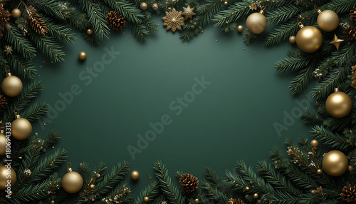 Decorative Green Christmas Frame with Gold Ornaments and Pine Branches for Holiday Background