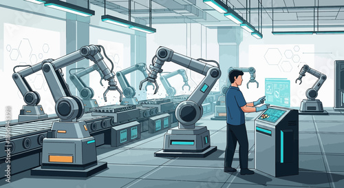 Futuristic factory automation with robotic arms and human operator overseeing production