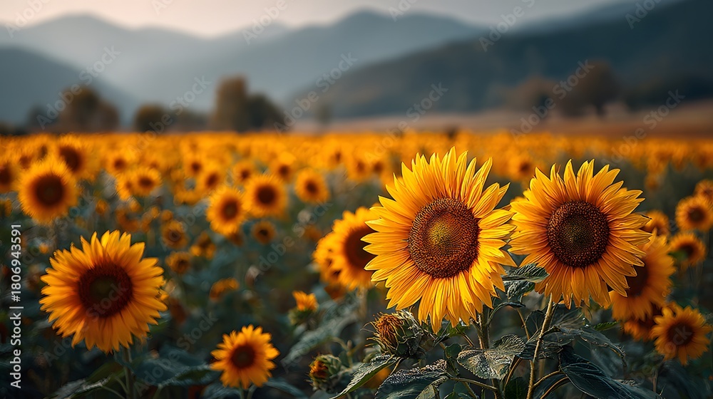 Fototapeta premium Stunning panoramic shot of a vast sunflower field in full bloom under a hazy sky, bathed in the warm, golden light of a late afternoon summer sun.