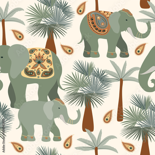 Traditional seamless Paisley, elephant, palm pattern. Indian Kashmir ornament. Vector