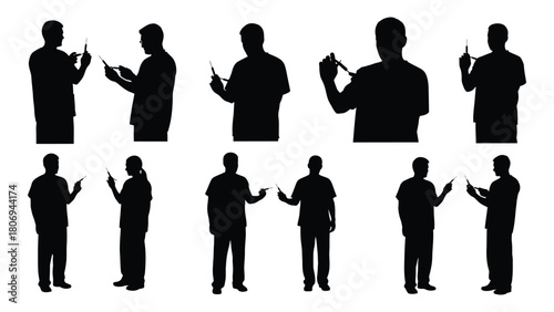 Medical professional silhouettes with instruments isolated on white background, Vector