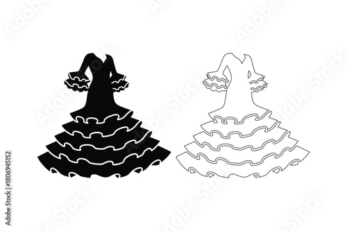 Two ruffled flamenco dresses one black one white sketch