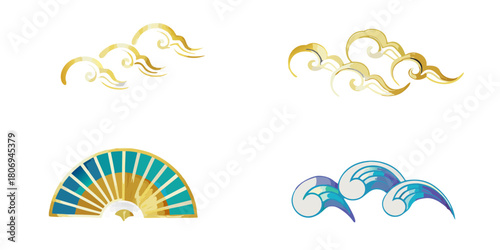 Japanese inspired vector elements gold clouds fan and blue waves on black