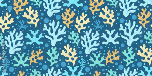 Seamless coral reef pattern with blue background and colorful coral shapes