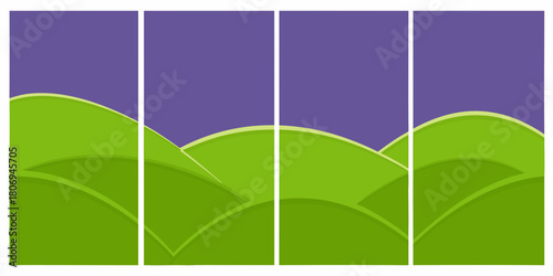 Stylized green hills landscape with purple sky and vertical white dividers