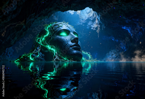Cinematic sweep around glowing ancient stone head in illuminated underwater cavern
