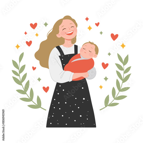 Happy mother holding her newborn baby in arms. Pregnancy and breastfeeding concept. Mom and child. Mother's day. Flat vector illustration of motherhood, love, and family care.
