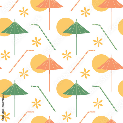 Cocktail straws and umbrellas against sunset and floral decor Seamless Pattern Minimal Flat Backdrop. Isolated Vector illustration Cocktails Thematic Background Menu Cards Bar Party invite Price Label