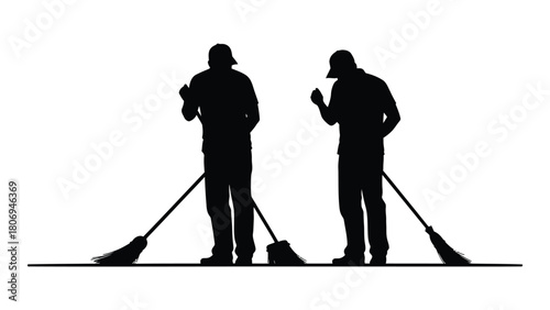 Sweepers with brooms silhouettes isolated on white background, Vector