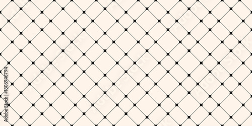 Minimalist vector seamless pattern with thin lines, nodes. Black and white abstract lattice, grid, mesh, net. Subtle monochrome minimal background texture. Simple repeating design for decor, print