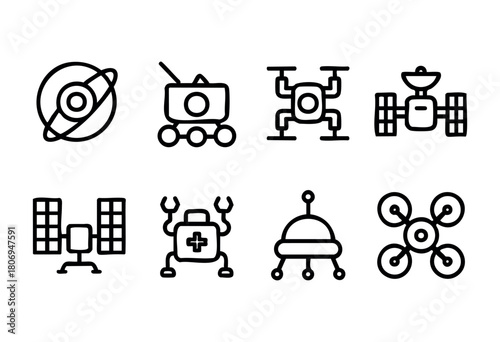 A collection of simple line icons representing various robots and drones, showcasing designs for space exploration, medical assistance, and exploration vehicles.