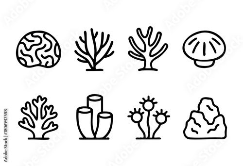Different marine life forms are presented in a simple line art style. The collection includes coral shapes, shellfish, and other underwater elements, showcasing the beauty of ocean biodiversity.