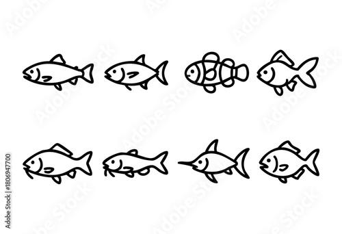 Different types of fish drawn in a simple, cartoon style line art. The illustrations feature diverse shapes and sizes, creating a fun and lively aquatic scene.