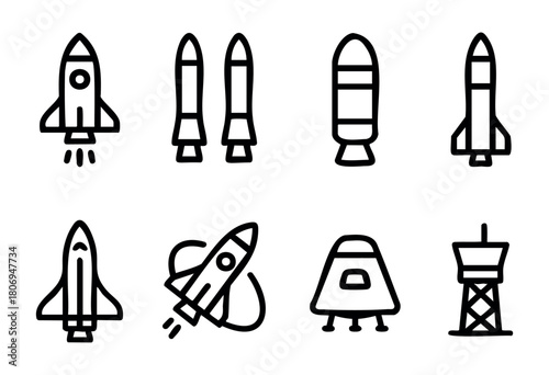This graphic features different designs of rockets, missiles, and a launch tower. The simple outlines represent various stages and types of space vehicles and equipment.