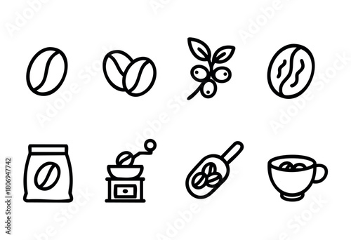 Set of black and white icons featuring coffee beans, coffee plants, a grinding machine, and a cup showing coffee beans with a clean, modern design.
