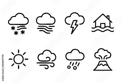 Various weather symbols illustrate different conditions including snow, fog, rain, thunderstorms, sunshine, wind, and a volcano. Clear and minimalist design captures each concept effectively.