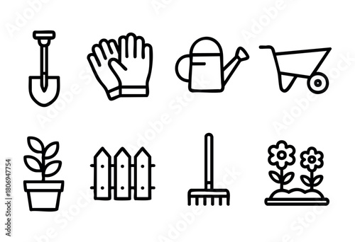 A collection of gardening tools is arranged, showcasing gloves, a watering can, a wheelbarrow, a potted plant, a fence, a rake, and blooming flowers in a garden setting.