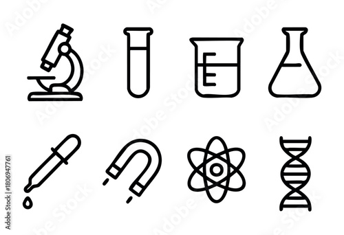 Various simple line icons depict scientific tools such as a microscope, test tubes, and a DNA helix, highlighting important elements of research activities.
