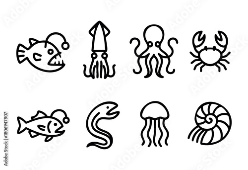 A collection of eight ocean creatures displayed in a minimalist design, including a fish, squid, octopus, crab, eel, jellyfish, and nautilus, showcasing their unique forms.