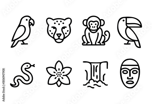 Various icons representing wildlife and nature include a parrot, leopard, monkey, toucan, snake, flower, waterfall, and a tribal mask, combining elements from diverse ecosystems.