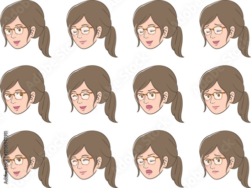メガネをかけた若い女性の顔の表情違い