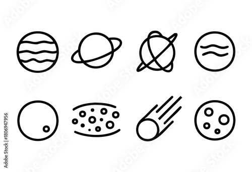 Various line drawings show celestial symbols like planets, a comet, and galaxies, arranged in two rows. These minimalistic designs emphasize a cosmic theme.