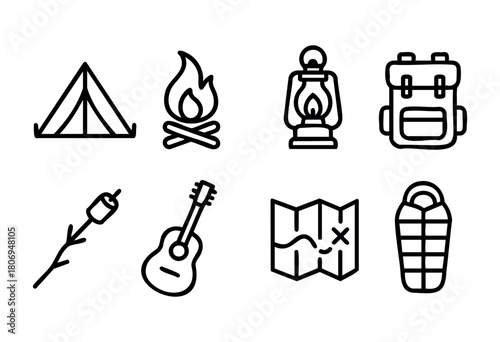 A collection of camping symbols including a tent, campfire, lantern, backpack, marshmallow stick, guitar, map, and sleeping bag to showcase outdoor activities and adventures.