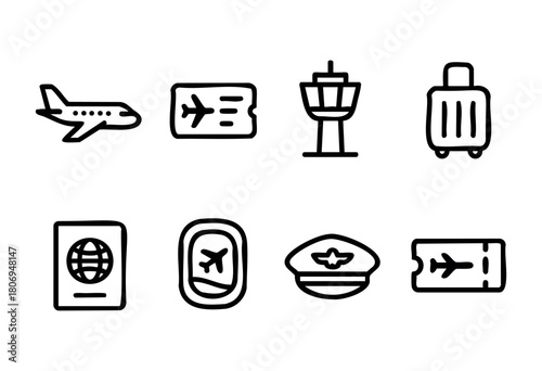 Set of simple icons representing travel essentials. Includes airplane, boarding pass, suitcase, passport, control tower, seat, and pilot hat, depicting the flying experience.