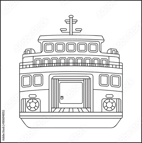 Simple and beautiful ship on sea water black vector line art illustration for children coloring page or book design 