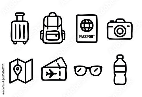A collection of travel items includes a suitcase, backpack, passport, camera, map, airplane ticket, sunglasses, and a water bottle, capturing the essence of journey preparation.
