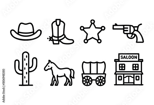 Illustrations of cowboy culture featuring a hat, boots, sheriff star, revolver, cactus, horse, wagon, and saloon. Represents elements of the Western lifestyle and history.