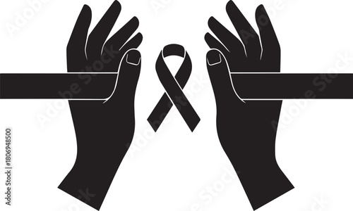 World aids day hands holding red ribbon symbol awareness and hope concept art