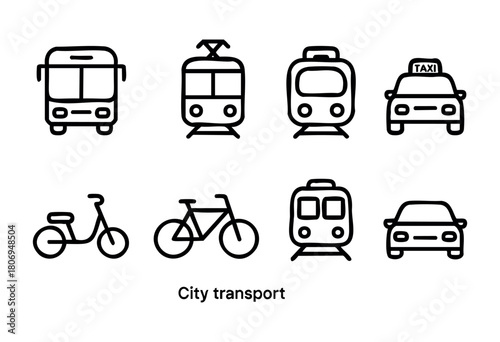 Illustrations showcase different types of urban transport, including buses, trams, taxis, bicycles, scooters, and trains, presented in a minimalist line art style.