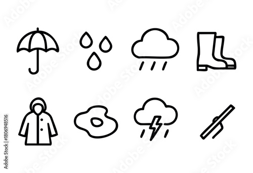 Various weather symbols depict rain, umbrellas, boots, and stormy clouds, illustrating preparation for wet weather activities like walking outdoors.