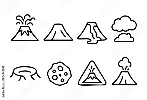 This collection displays simple line drawings of volcanoes, ash clouds, craters, and geological elements, showcasing creative interpretations of natural formations.