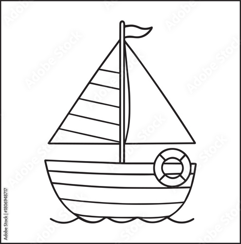 Simple and beautiful sailboat on sea water black vector line art illustration for children coloring page or book design 